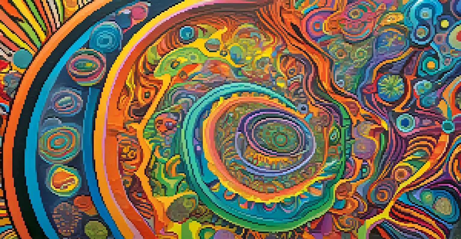A comic book panel showing a character's psychedelic experience with vibrant colors and swirling patterns.
