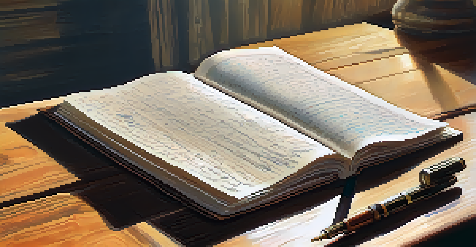 A close-up of an open journal with handwritten notes and sketches, resting on a wooden table with soft natural light illuminating it.