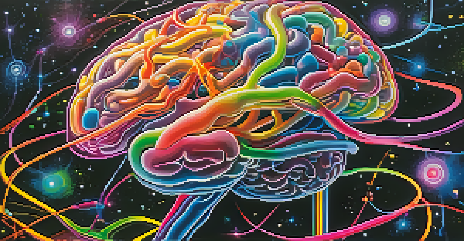 An abstract image depicting colorful neural connections in the brain against a cosmic background, representing altered consciousness and the effects of mescaline.