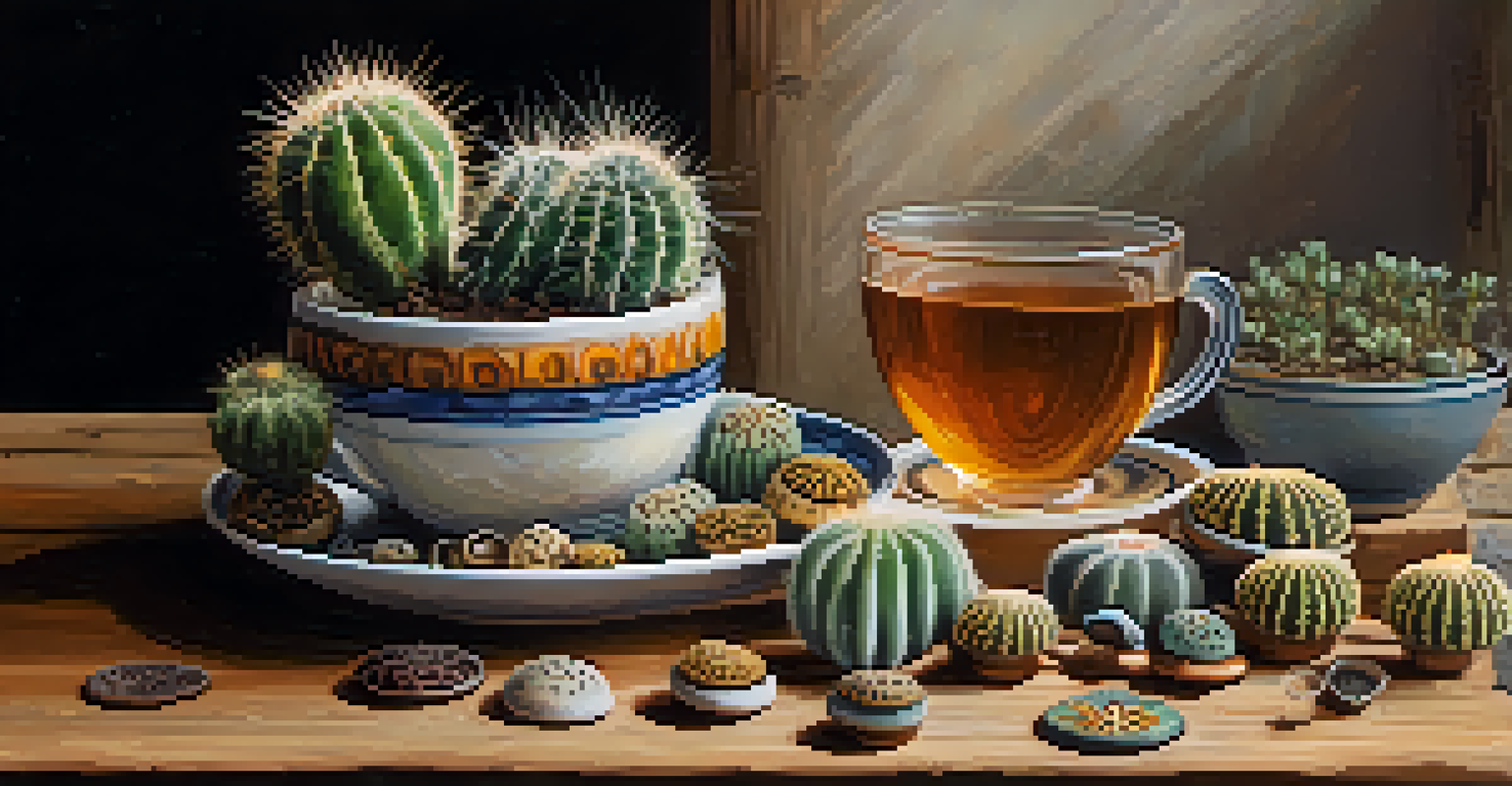 An artistic composition of dried Peyote buttons and a cup of herbal tea on a wooden table, showcasing their textures and colors.