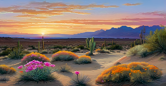 A tranquil desert scene at dusk with a small peyote cactus and a colorful sunset sky.