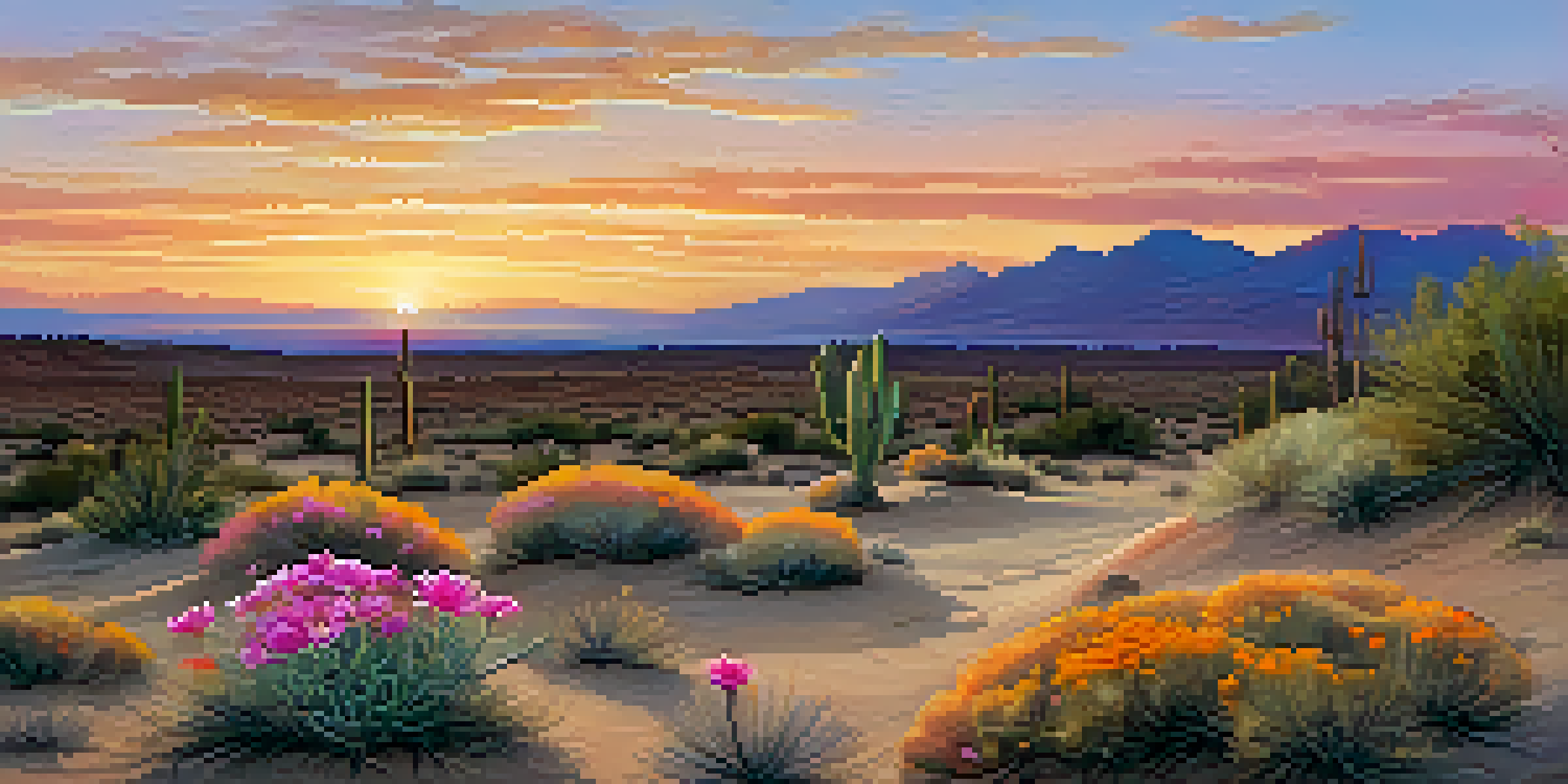 A tranquil desert scene at dusk with a small peyote cactus and a colorful sunset sky.
