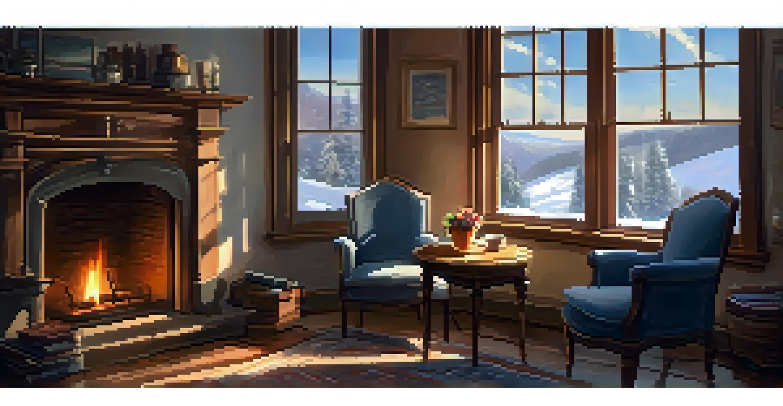 Cozy indoor scene with a warm fireplace, armchair, tea cup, and an open book, snow visible outside.