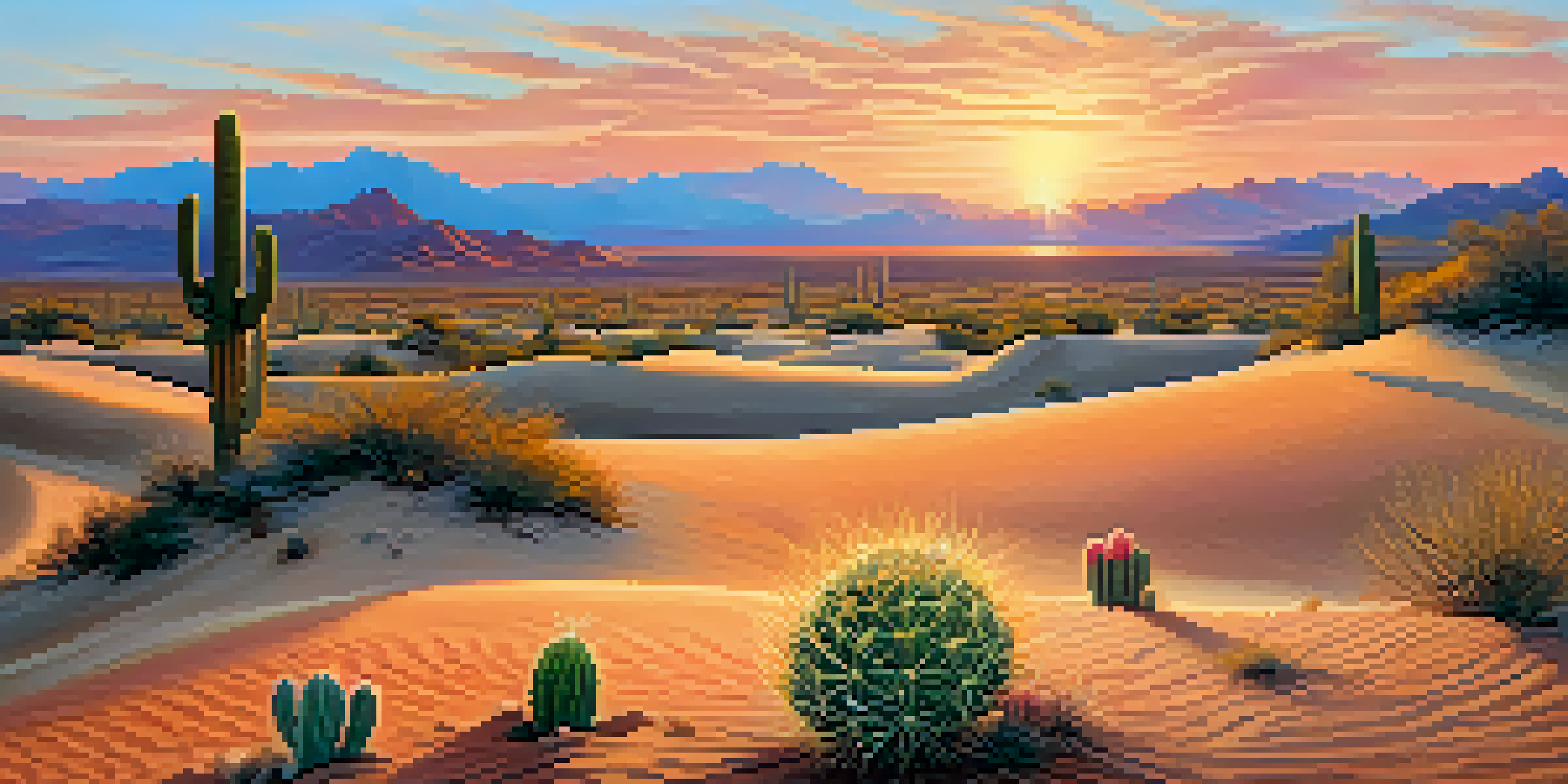 A small peyote cactus in a desert landscape at sunrise, with golden sand dunes and a colorful sky.