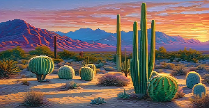 A tranquil desert scene with peyote cacti silhouetted against a colorful sunset sky.