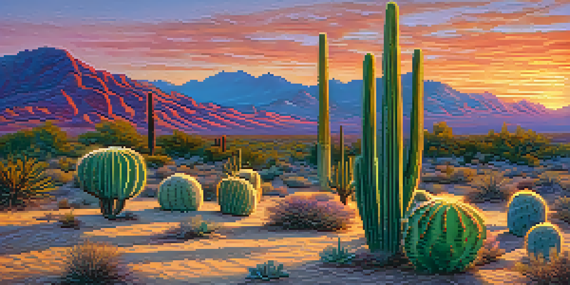 A tranquil desert scene with peyote cacti silhouetted against a colorful sunset sky.
