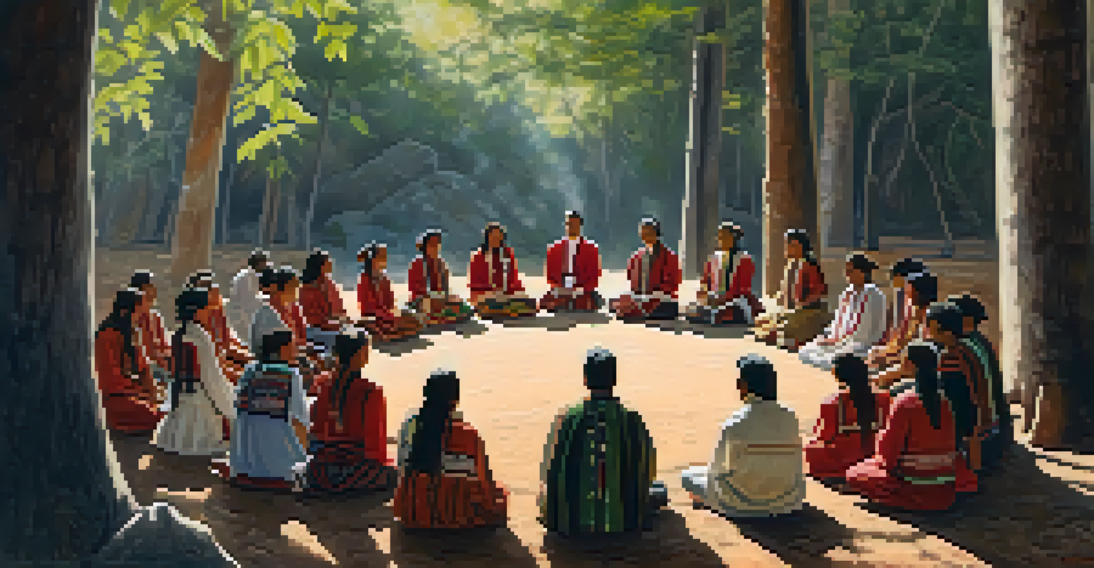 A group of people in traditional attire participating in a peyote ceremony in a lush forest, with sunlight filtering through the trees.