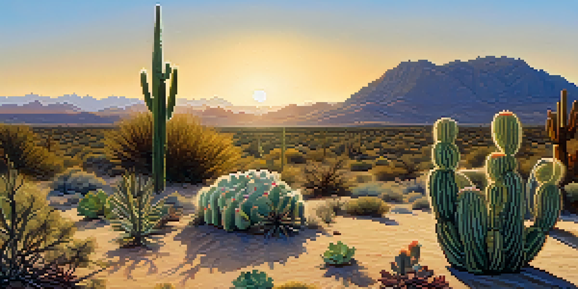 A peyote cactus in a desert setting during sunset, with warm lighting and distant mountains.