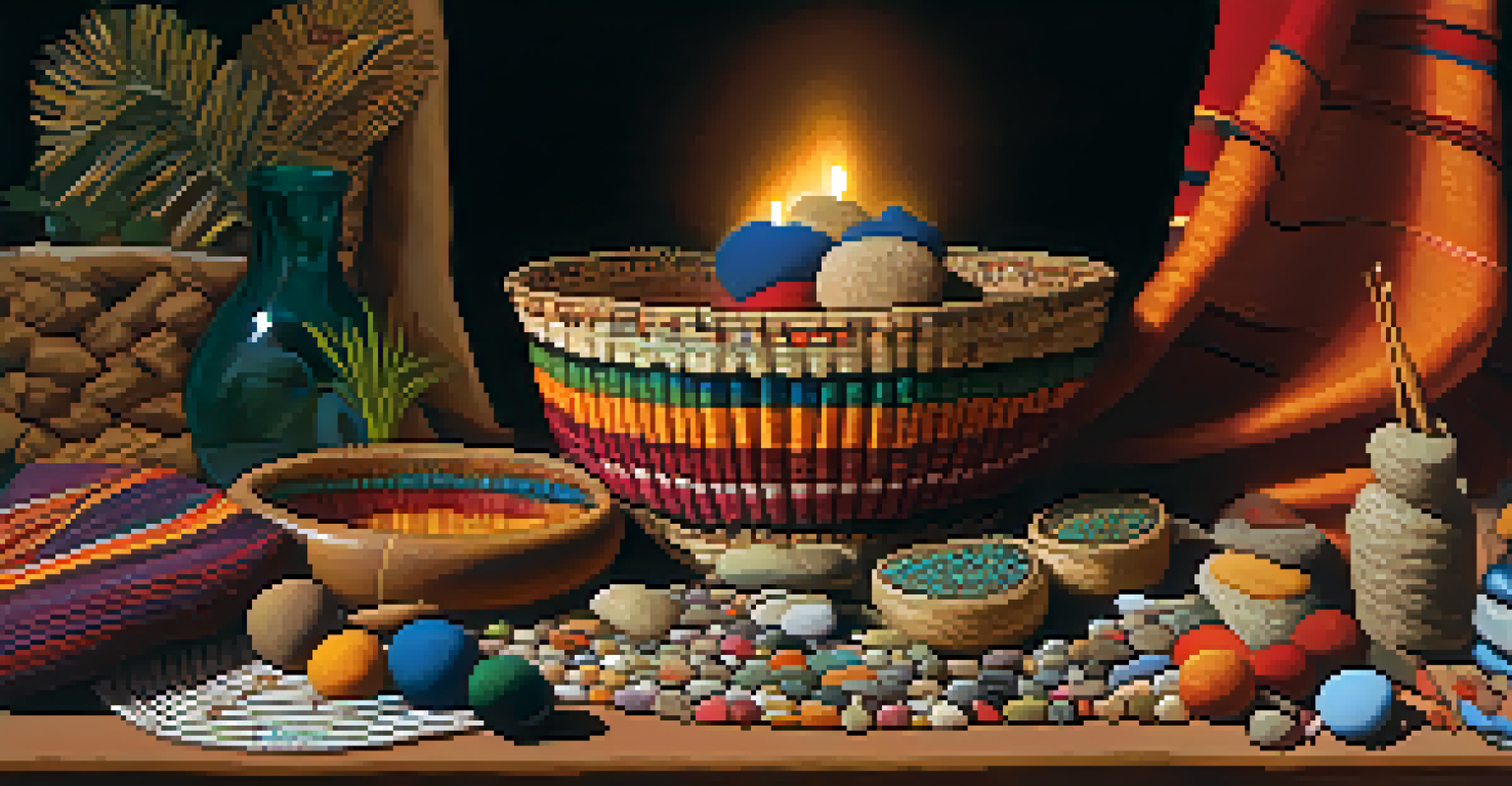 A ceremonial setting with a woven basket of peyote buttons, colorful textiles, stones, and dried flowers, illuminated by soft candlelight.