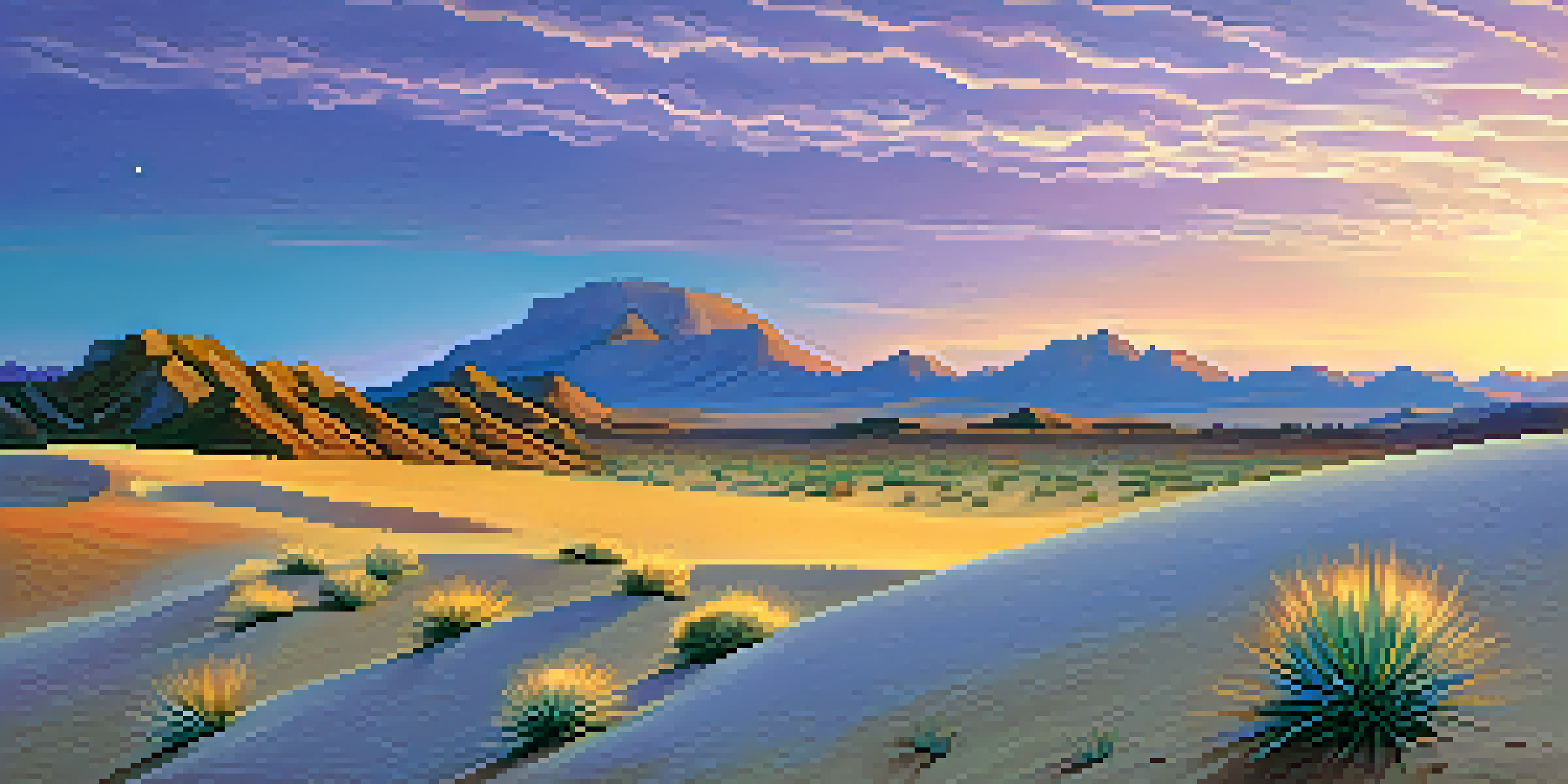 A peaceful desert scene with a small peyote cactus in front of sand dunes and a twilight sky full of purple and orange colors.