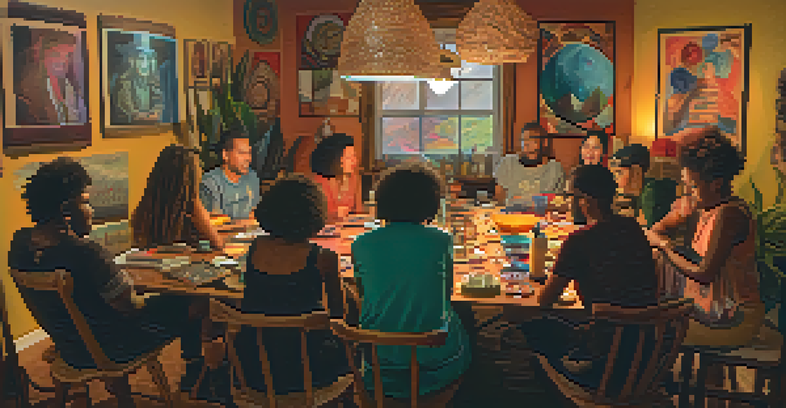 A diverse group of artists in a candle-lit room, sharing creative ideas and experiences related to Peyote, surrounded by art supplies.