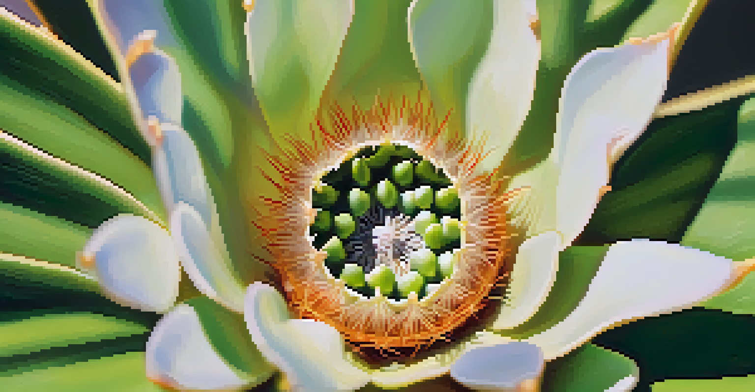 A close-up view of a peyote cactus with detailed spines and a softly lit background of desert flora.