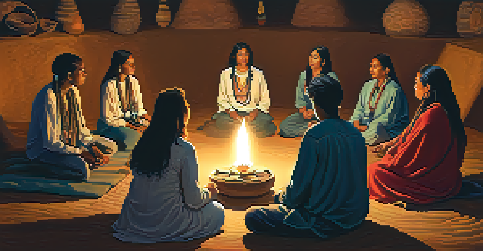 A group of people in a circle during a peyote ceremony, with candlelight and traditional artifacts around them.