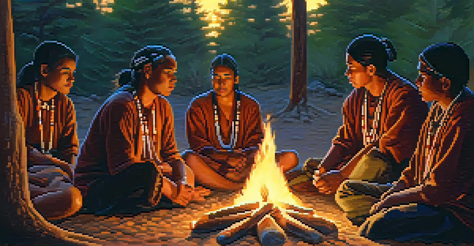 Indigenous youth in a peyote ceremony, listening to an elder by a campfire, showcasing their engagement and connection to cultural traditions.