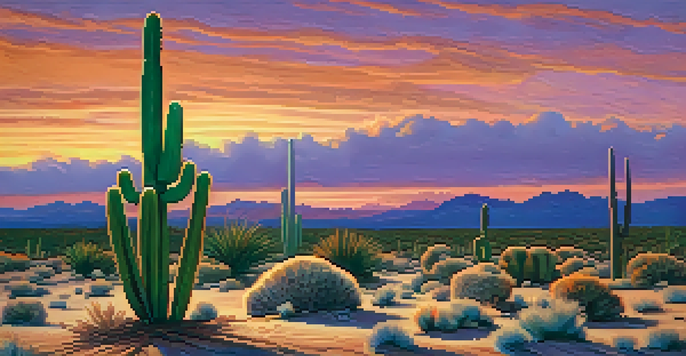 A close-up of a peyote cactus in a desert landscape at sunset, with a colorful sky in the background.