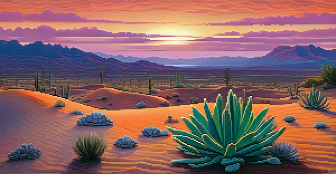 A peaceful desert landscape at sunset with a small peyote cactus in the foreground and colorful sky.