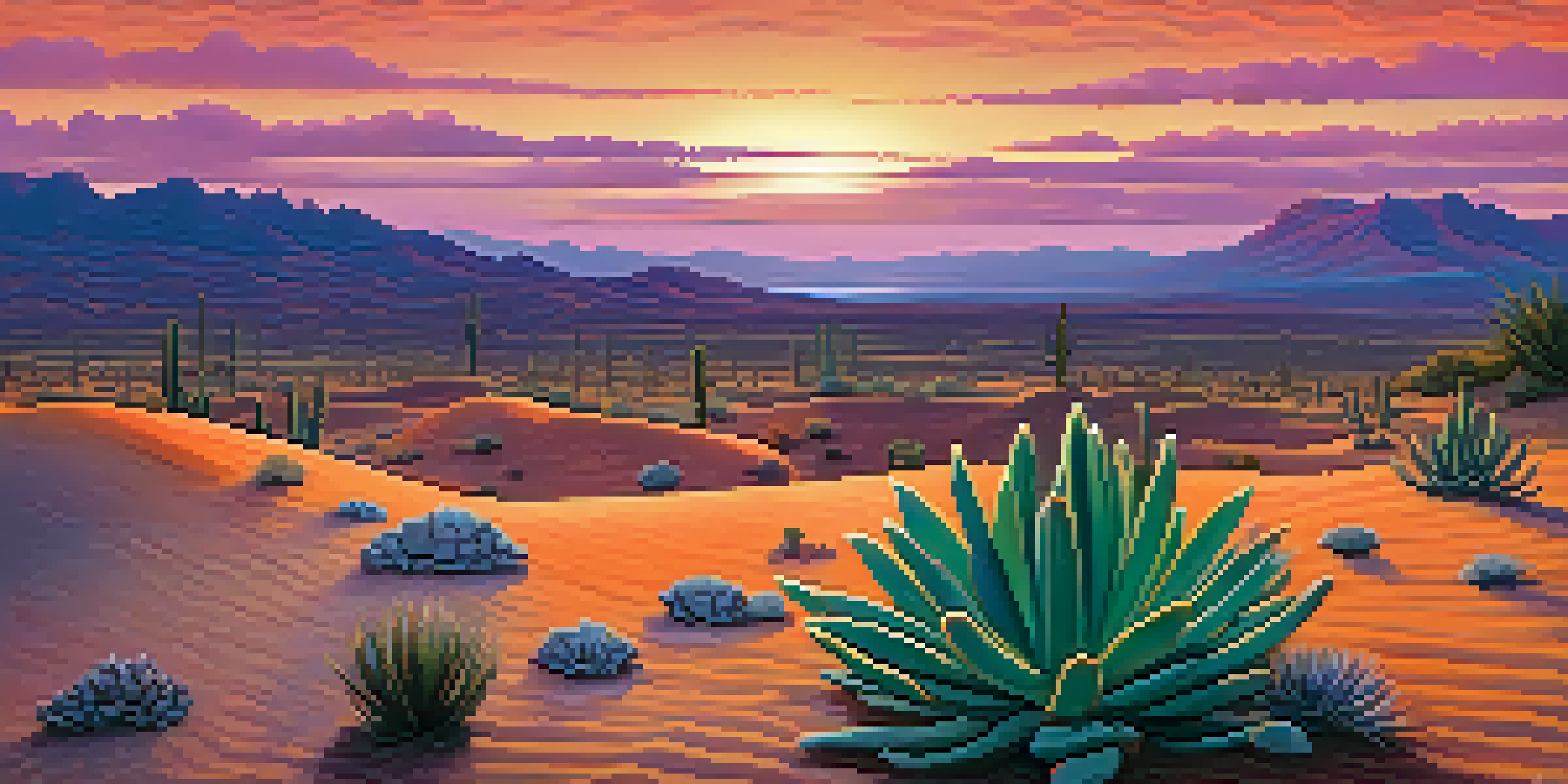 A peaceful desert landscape at sunset with a small peyote cactus in the foreground and colorful sky.