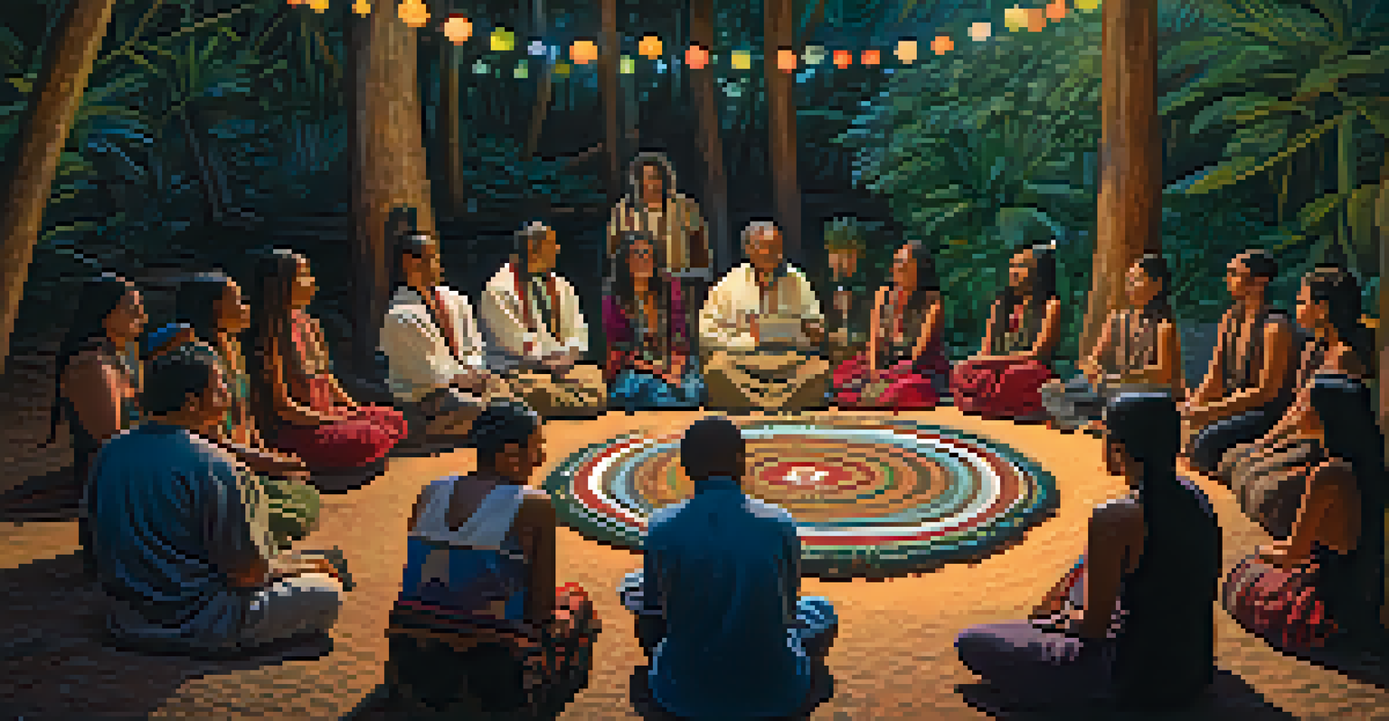 A group of people in a peyote ceremony outdoors, surrounded by nature and soft lantern light.