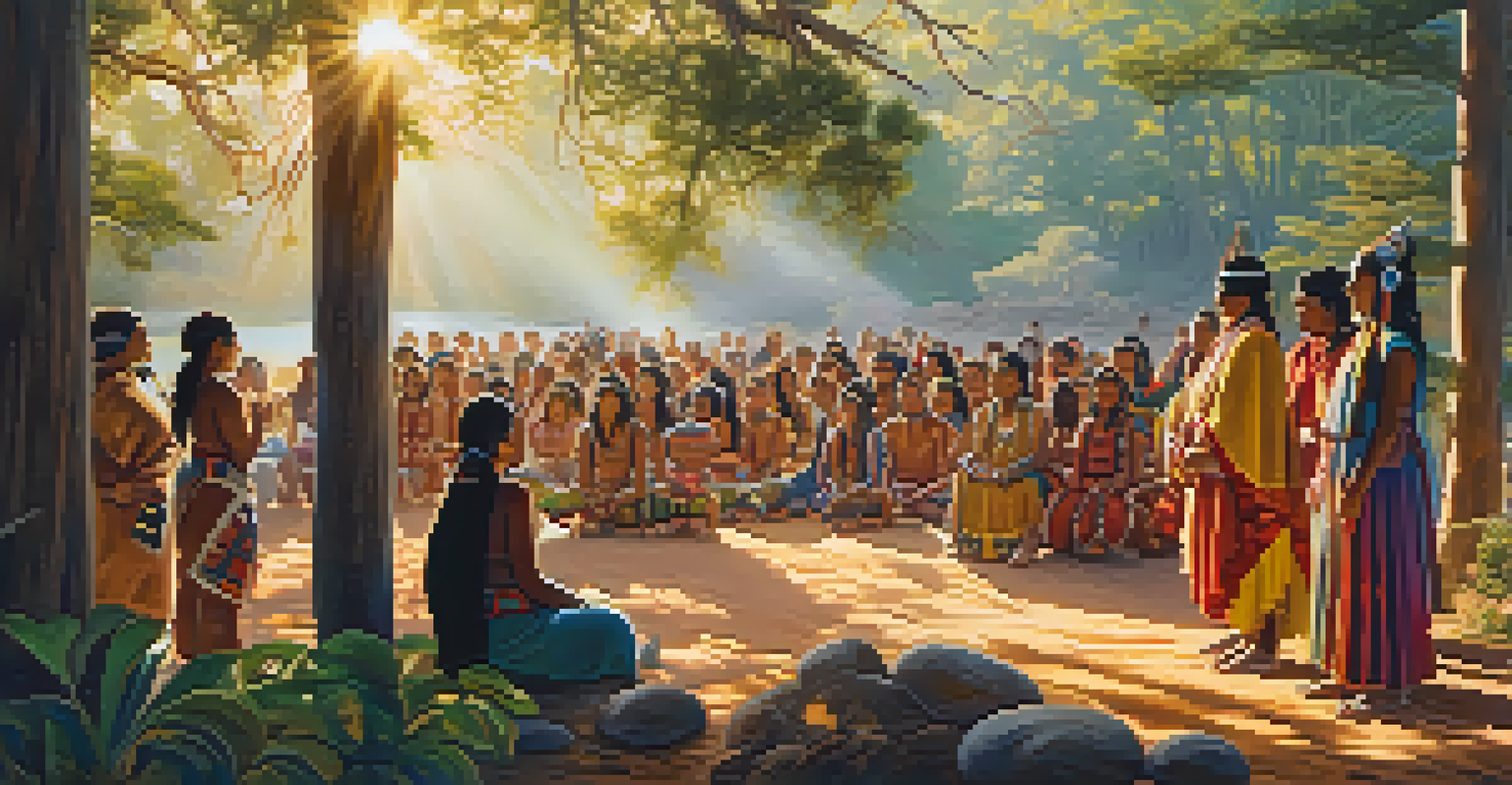 A traditional peyote ceremony with Indigenous people in a natural setting, surrounded by lush vegetation.
