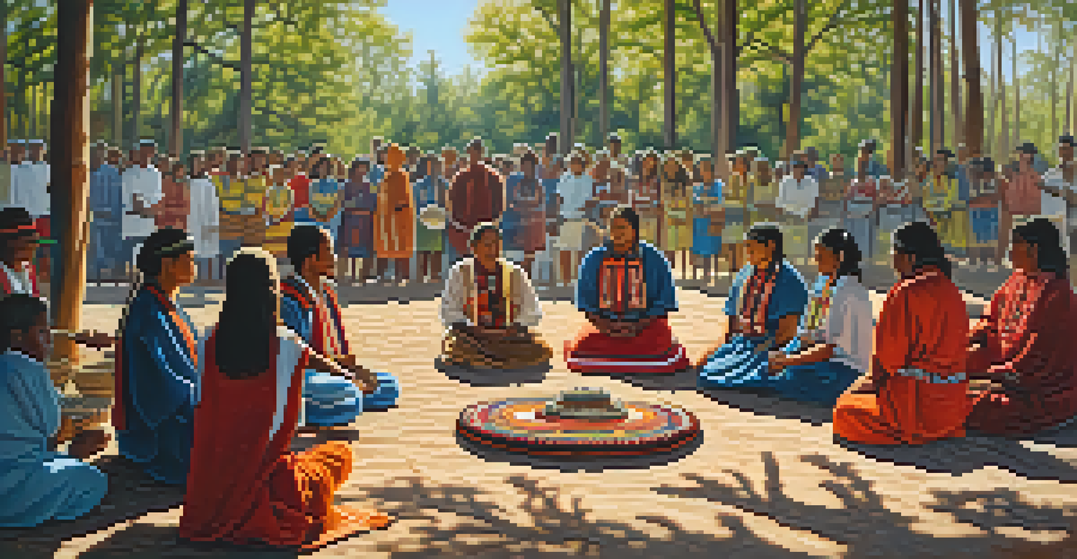 A group of Indigenous participants in a daytime peyote ritual, surrounded by nature, with sunlight filtering through trees and colorful fabrics.