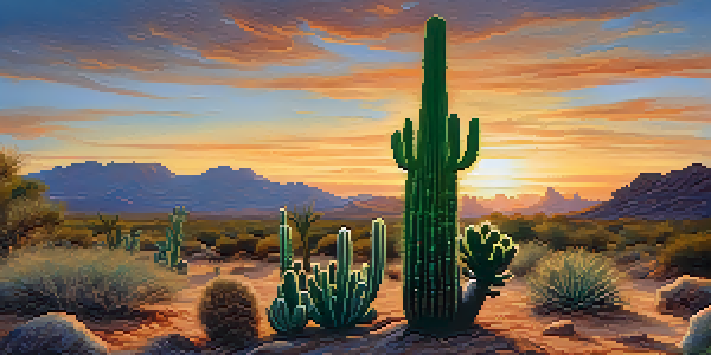 A close-up view of a Peyote cactus in a desert at sunset, highlighting its rounded shape and vibrant green color against a warm sky.
