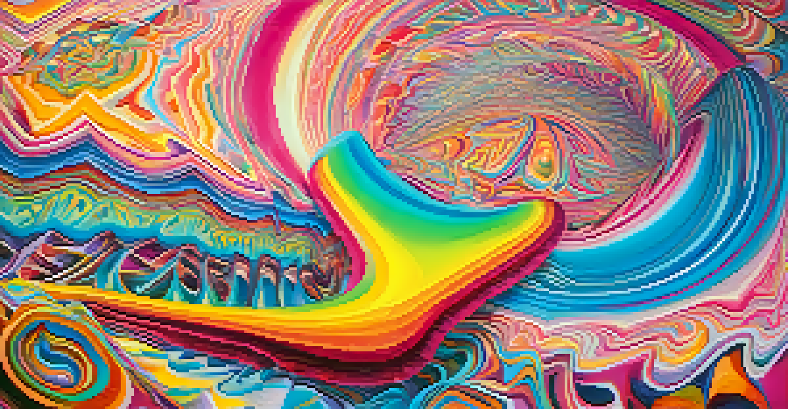 An abstract representation of a peyote experience with kaleidoscopic patterns and vibrant colors in a dream-like landscape.