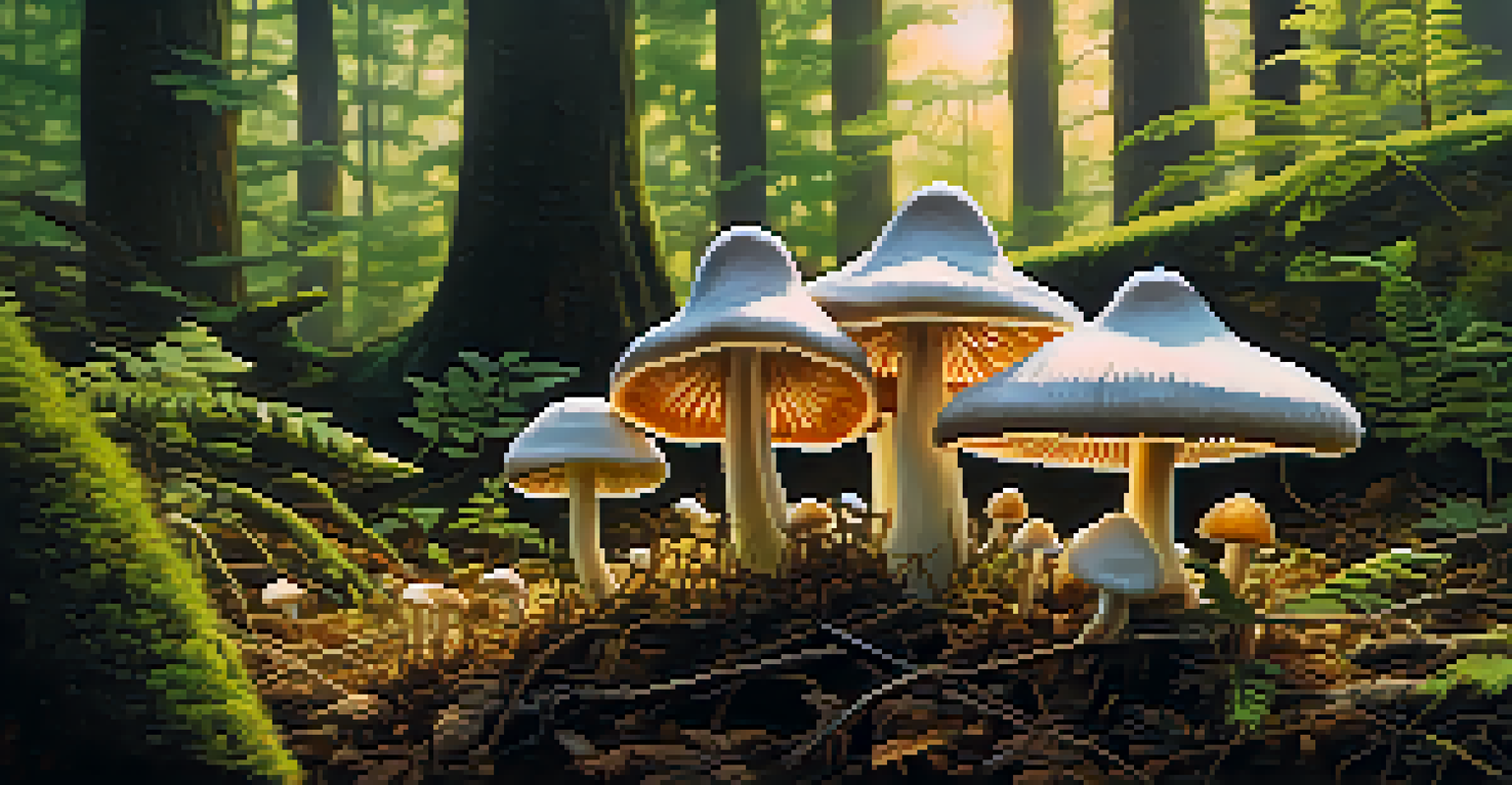 Close-up of psilocybin mushrooms in a forest, showcasing their textures and colors among lush green foliage.