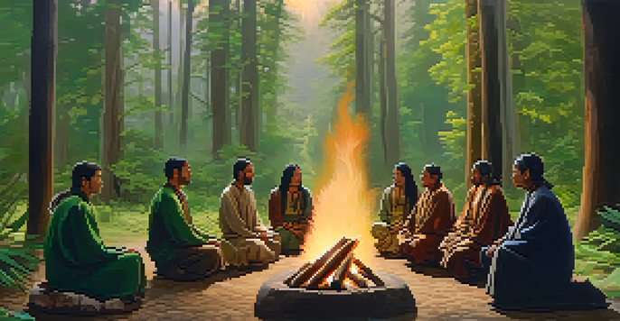 A group of participants in a peyote ceremony surrounded by trees, gathered around a central fire, engaging in prayer and storytelling with warm light illuminating their faces.