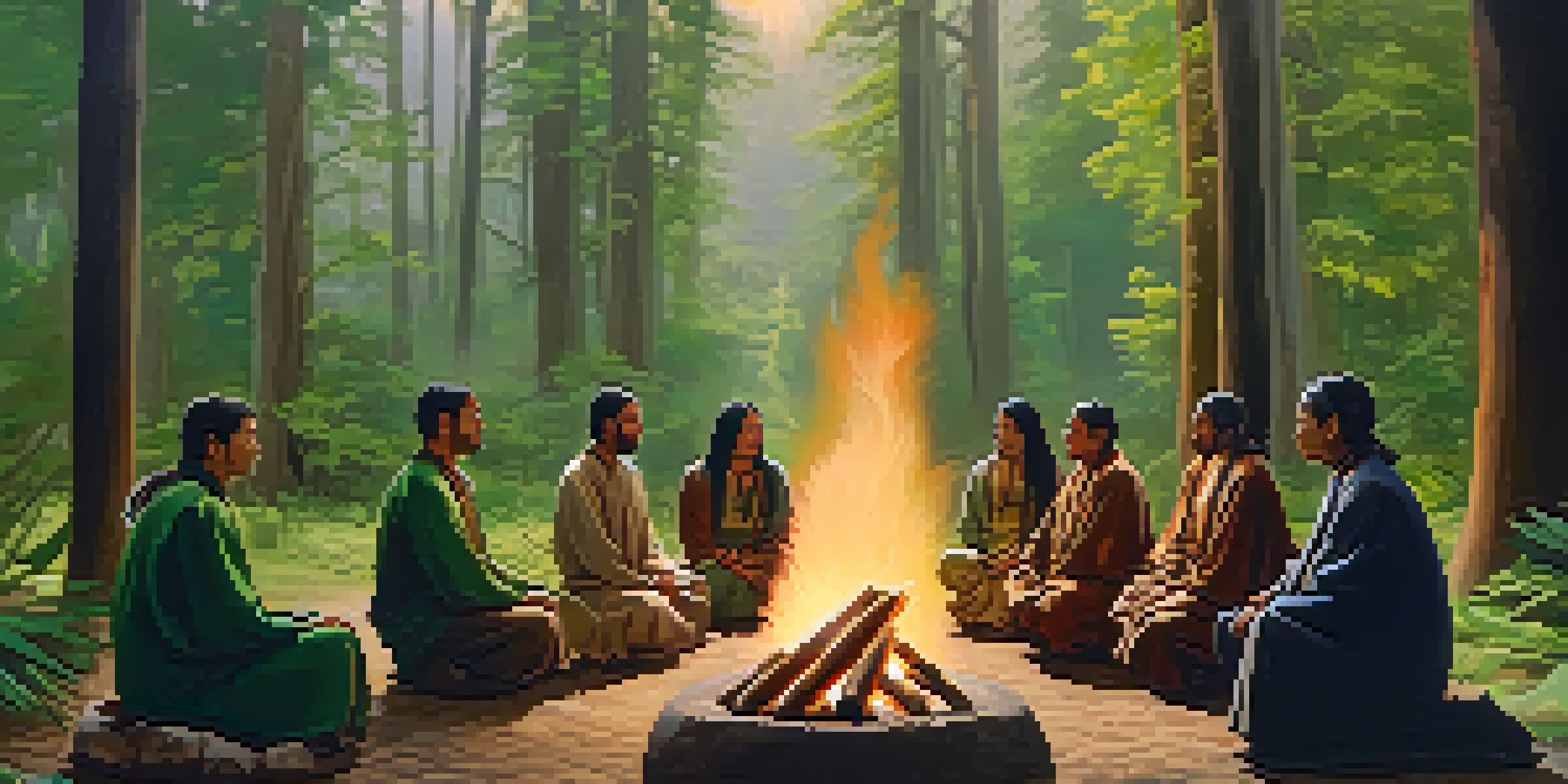 A group of participants in a peyote ceremony surrounded by trees, gathered around a central fire, engaging in prayer and storytelling with warm light illuminating their faces.