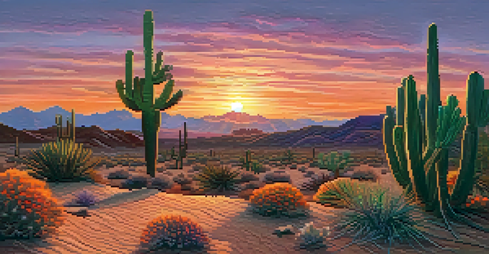 A peaceful desert scene with a small peyote cactus in the foreground against a colorful sunset sky.