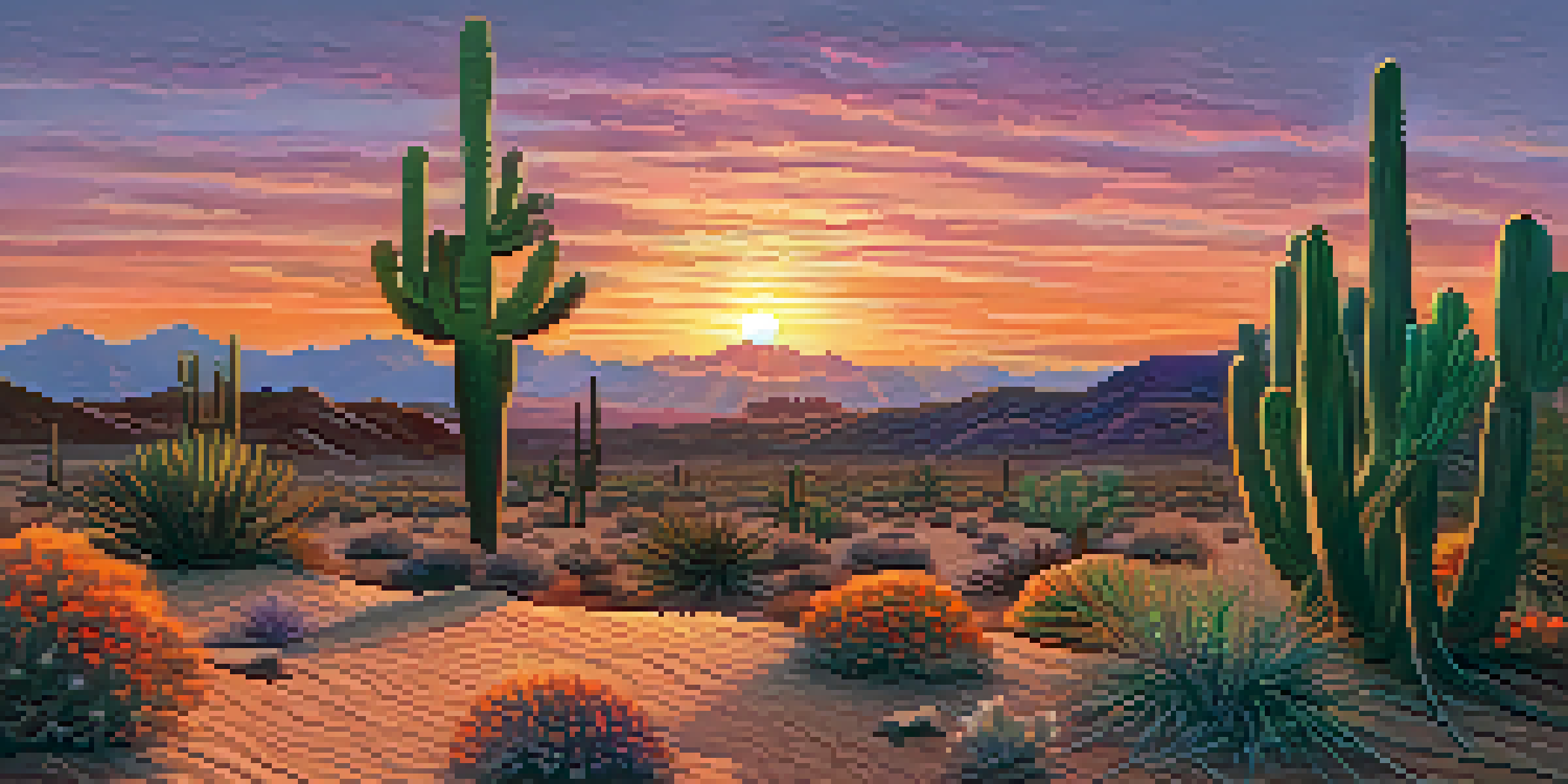 A peaceful desert scene with a small peyote cactus in the foreground against a colorful sunset sky.