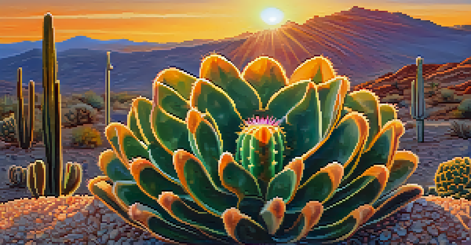 A close-up of a Peyote cactus in a desert landscape, highlighting its texture and colors against a sunset sky.