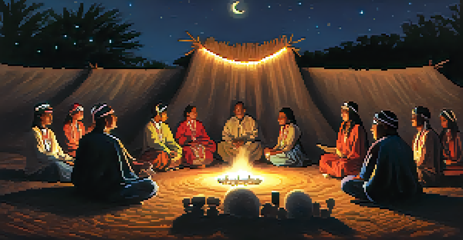 An Indigenous ceremony at night with participants in a circle, illuminated by candlelight, featuring a peyote cactus centerpiece.