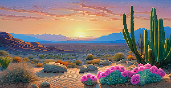 A close-up of a peyote cactus with pink flowers in a serene desert landscape at sunrise, with warm colors in the sky and distant mountains.