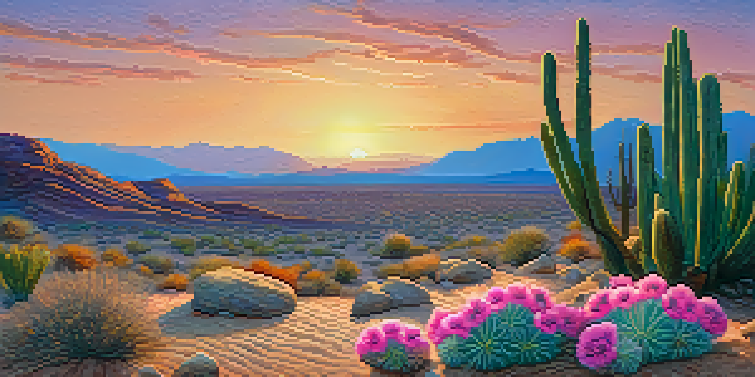 A close-up of a peyote cactus with pink flowers in a serene desert landscape at sunrise, with warm colors in the sky and distant mountains.