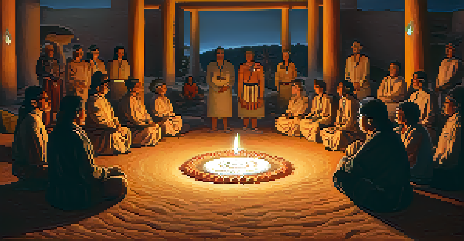 An Indigenous elder guiding a peyote ceremony with participants in a circle, illuminated by candlelight, surrounded by traditional artifacts and a peyote cactus.