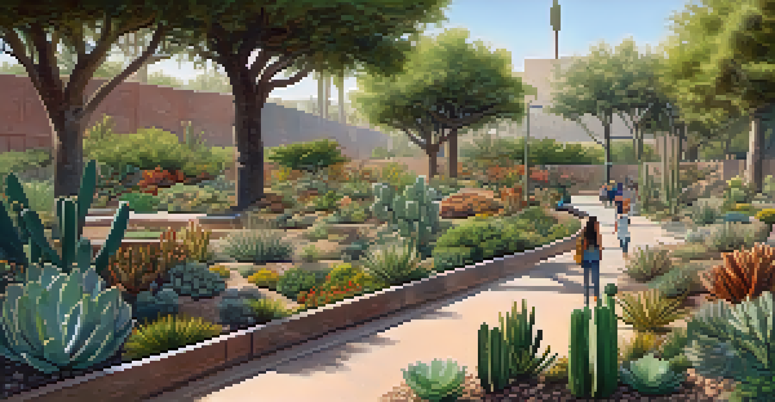 An urban park with a conservation area for peyote cacti, surrounded by various plants and people walking on paths.