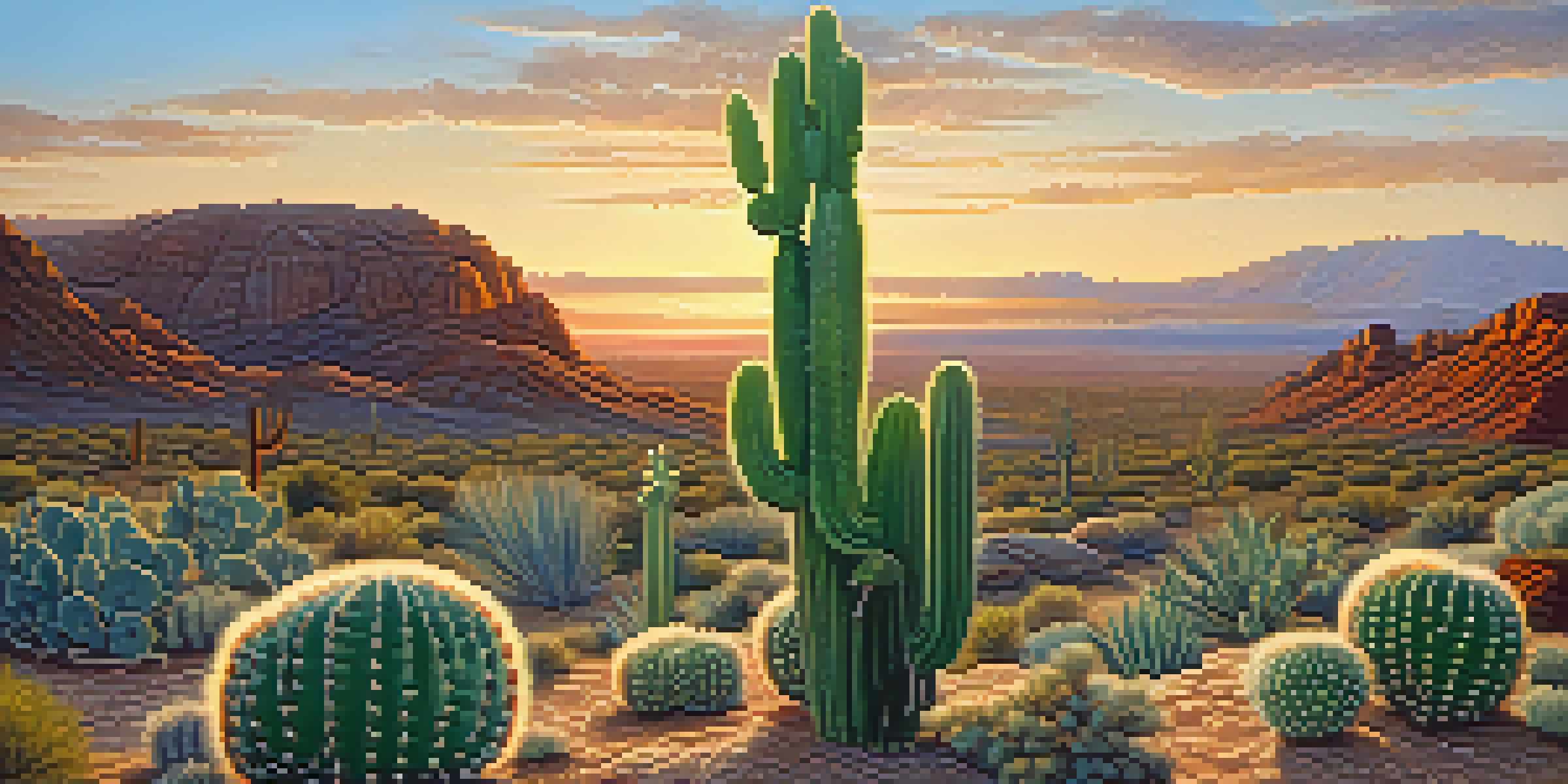A close-up of a peyote cactus surrounded by a desert landscape during sunset, highlighting its vibrant green color and intricate details.
