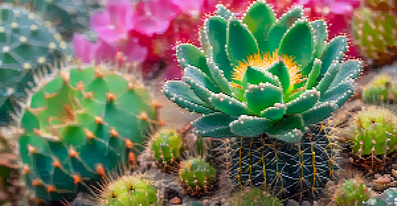 A close-up view of a peyote cactus with colorful flowers and glistening dew.