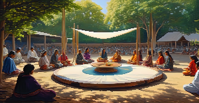 A group of participants engaged in a Peyote ceremony outdoors, surrounded by trees, creating art and music in a peaceful setting.