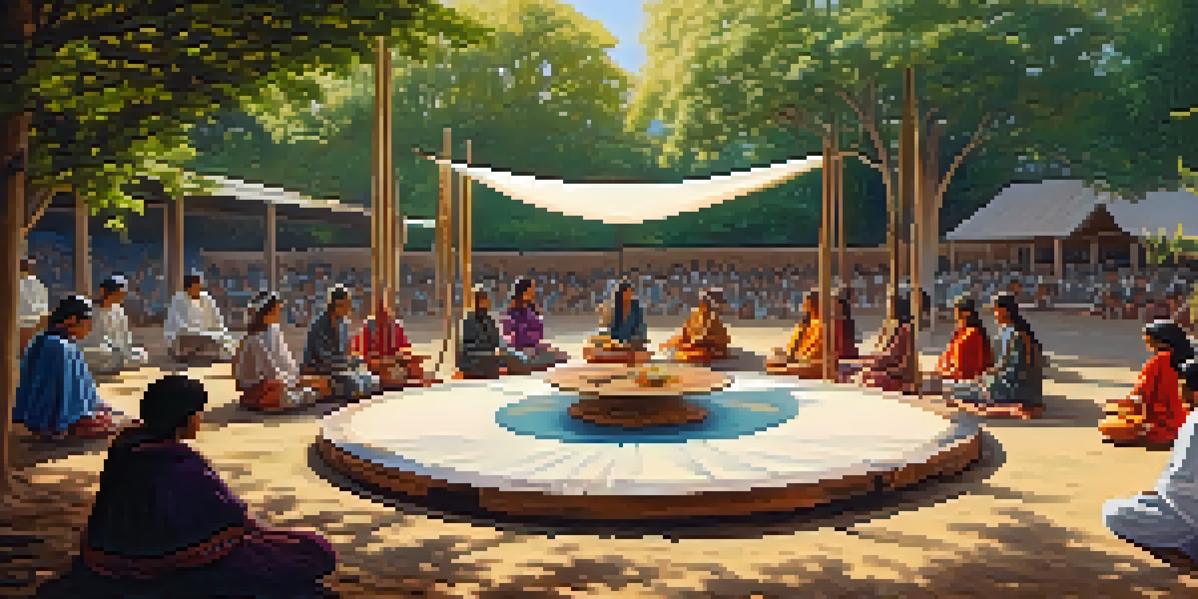 A group of participants engaged in a Peyote ceremony outdoors, surrounded by trees, creating art and music in a peaceful setting.
