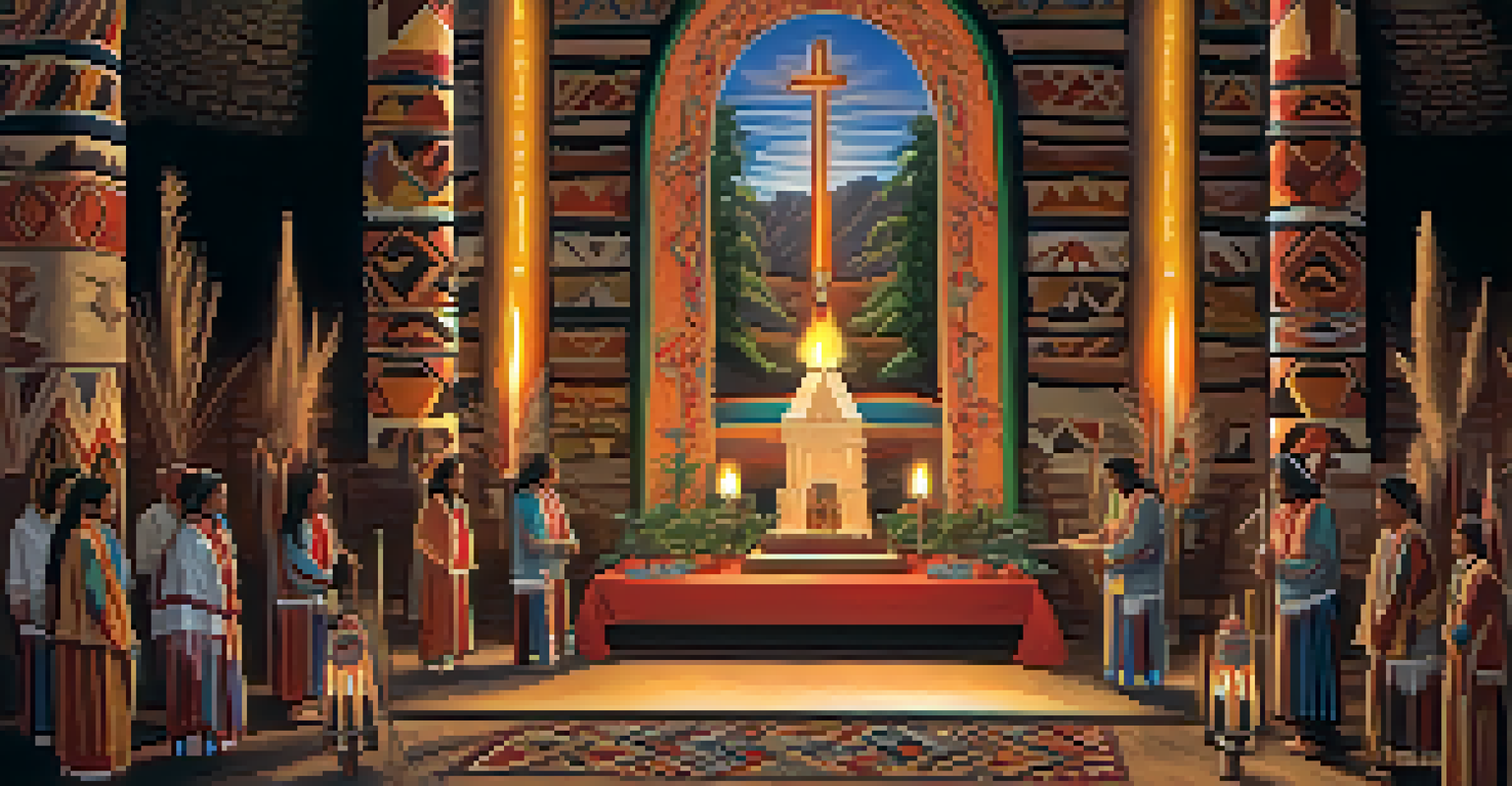 An illuminated altar in a Native American Church setting, decorated with peyote plants and tribal symbols, surrounded by soft candlelight.