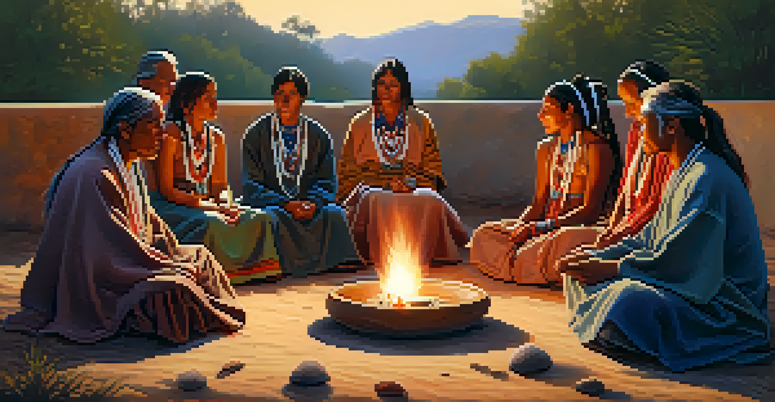Indigenous individuals in traditional clothing engaged in a peyote ceremony around a small fire in a natural setting.