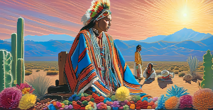 A peaceful landscape featuring a peyote cactus in bloom, with Indigenous participants in colorful attire engaged in a ceremonial gathering under a clear blue sky.