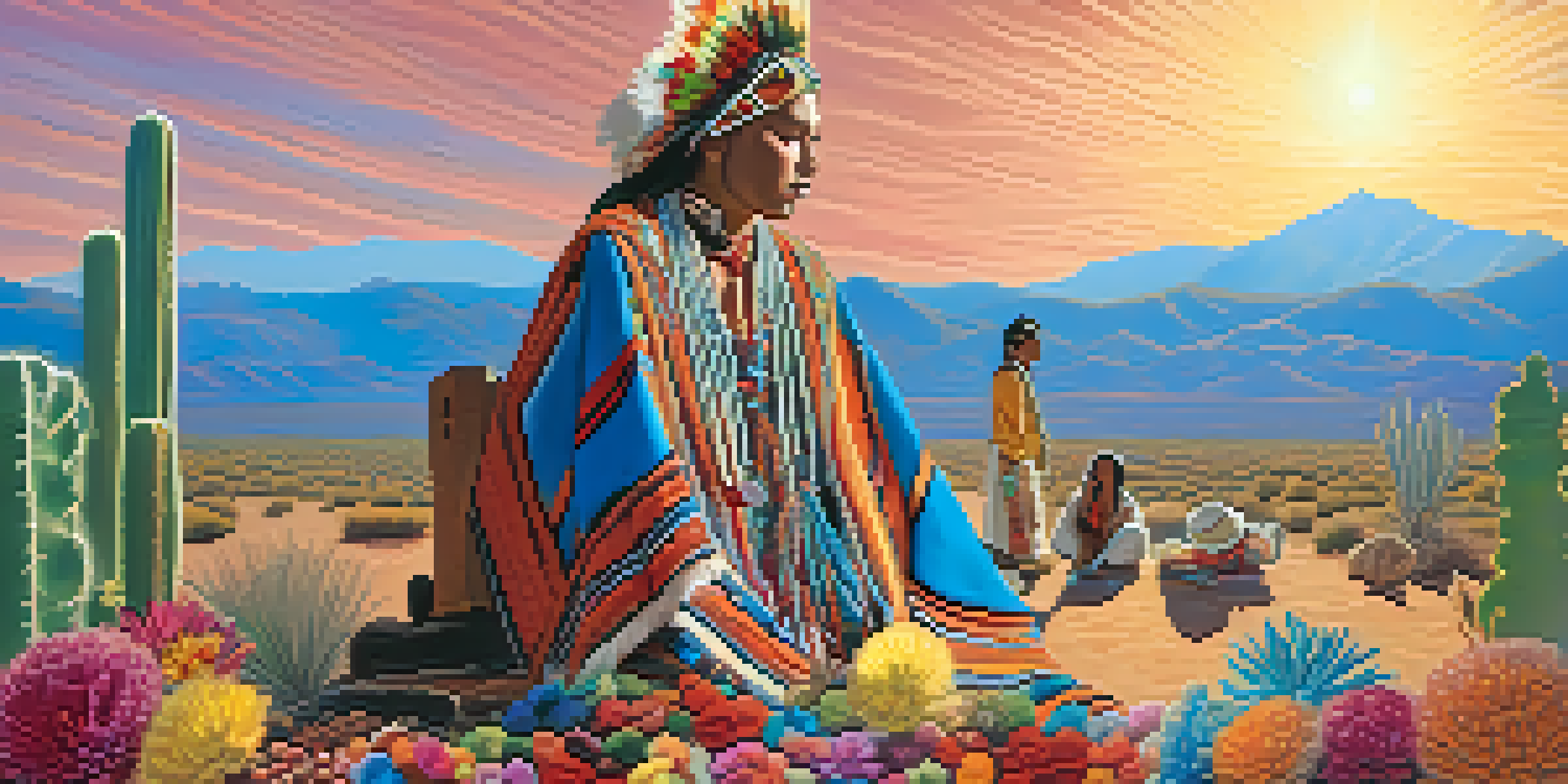A peaceful landscape featuring a peyote cactus in bloom, with Indigenous participants in colorful attire engaged in a ceremonial gathering under a clear blue sky.