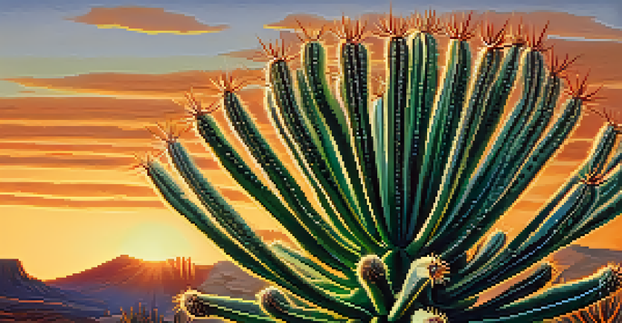 A close-up image of a peyote cactus surrounded by a soft-focus desert landscape during sunset.