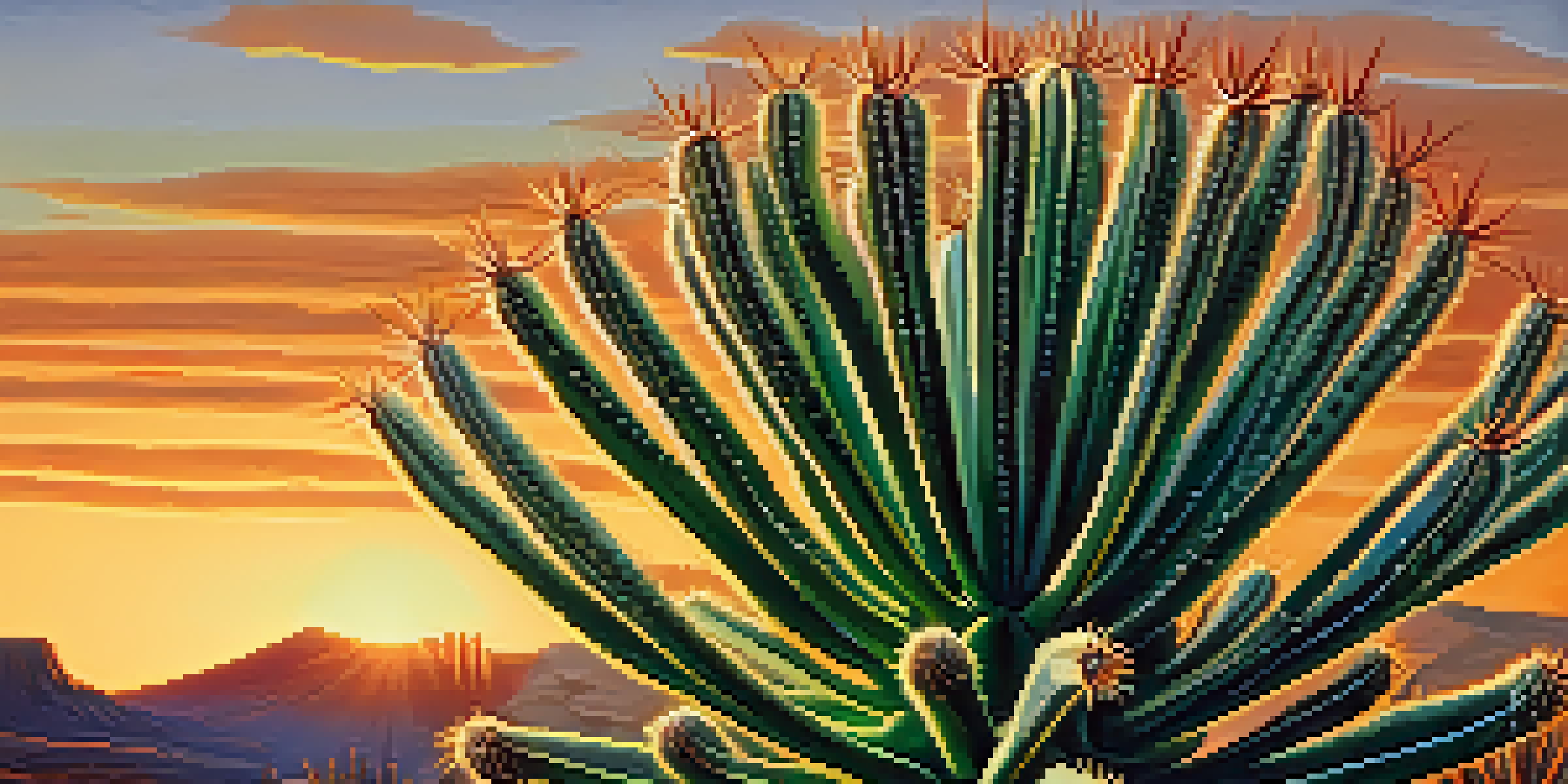 A close-up image of a peyote cactus surrounded by a soft-focus desert landscape during sunset.