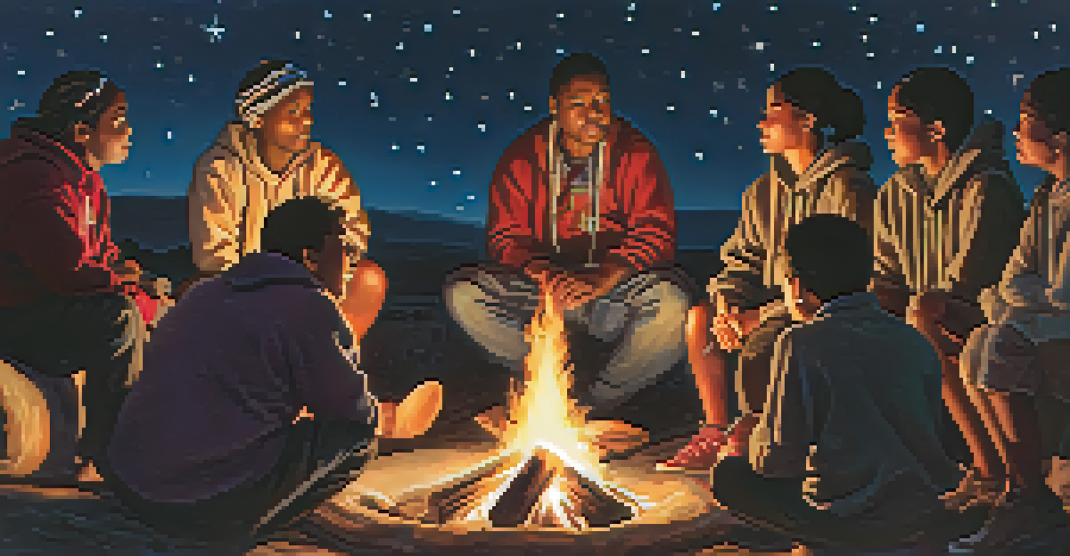 An elder sharing stories with youth around a fire under a starry sky during a night ceremony.