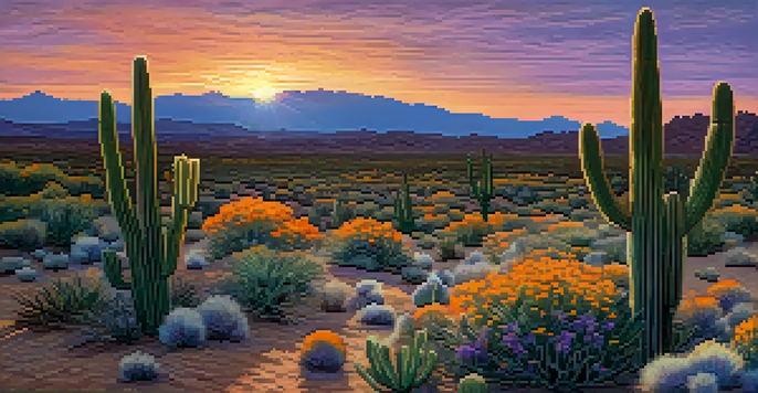 A tranquil desert scene with a peyote cactus under a colorful sunset sky.
