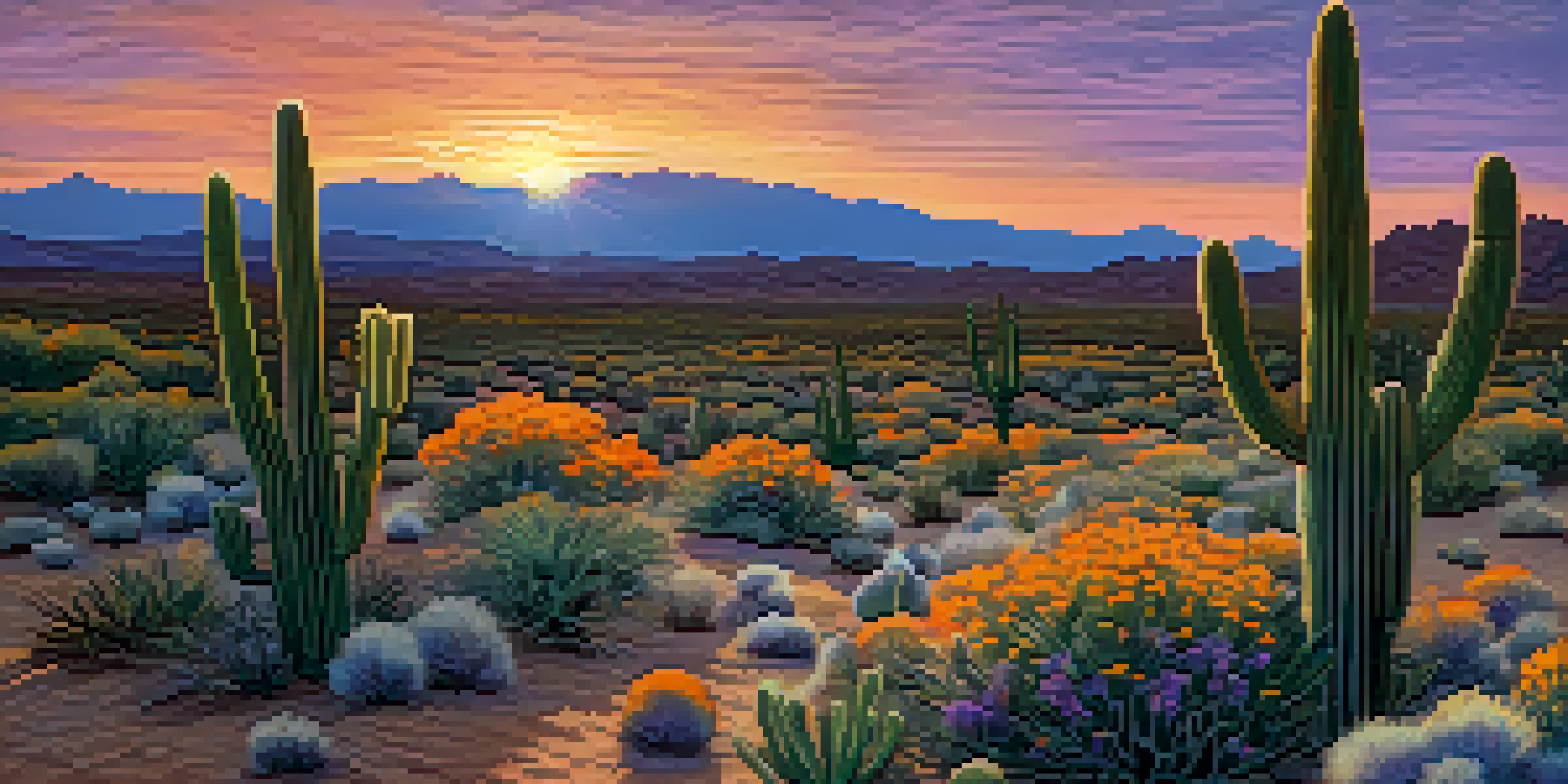 A tranquil desert scene with a peyote cactus under a colorful sunset sky.